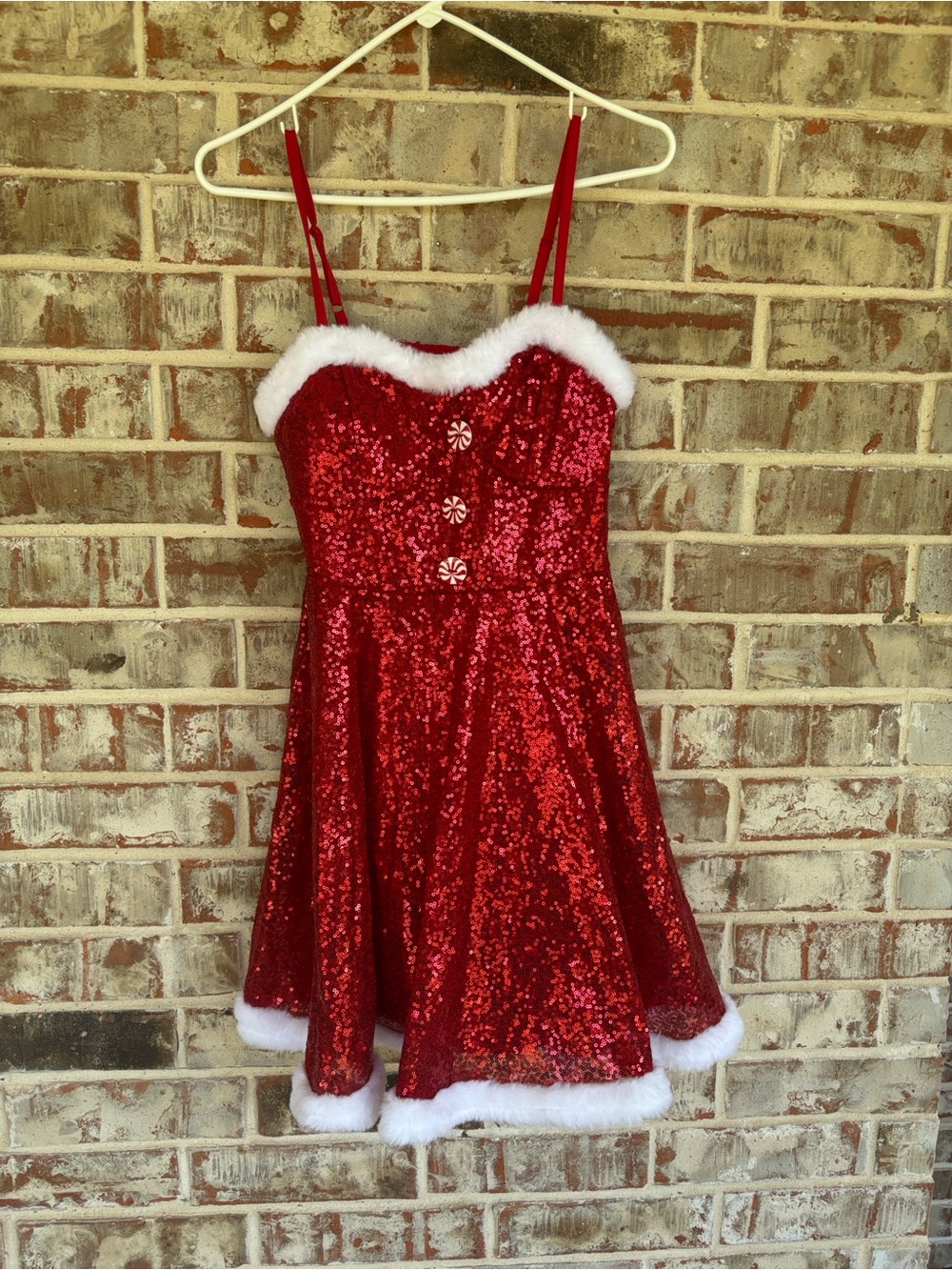No Boundaries Red Sequin Holiday Dress with Faux Fur Trim